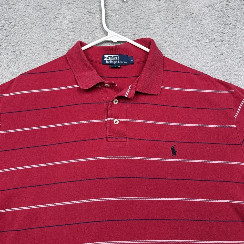 Polo Ralph Lauren Shirt Mens Large Red Stripe Short Sleeve Polo Cotton Casual‎